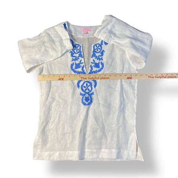 Lilly Pulitzer Amelia Island White Blue Linen Tunic Top Size Small Coastal - Picture 3 of 9